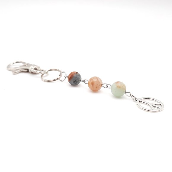 Peace Sign Amazonite Sunstone Chakra Gemstone Keychain Handmade Accessory - Picture 2 of 8
